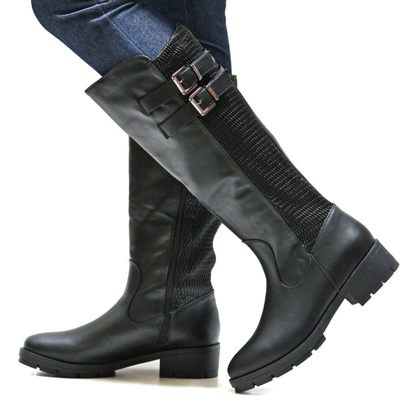 Elastic Panel Buckle Riding Over-The-Knee Boots